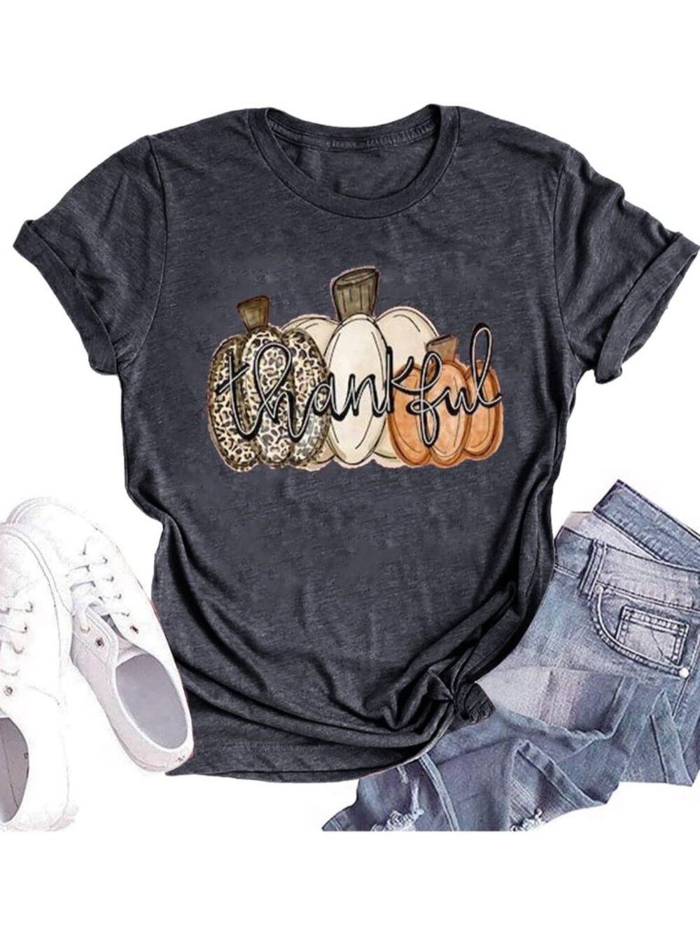🆕 Women's Dark Grey Thankful Pumpkins Thanksgiving Graphic Tee Shirt